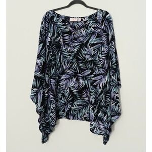 Quacker Factory Caftan Top Women's Size 1X Palm Print With Rhinestones Purple